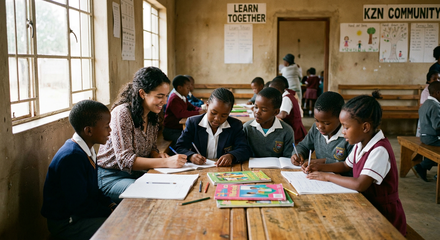 A volunteer tutor helping school children with homework