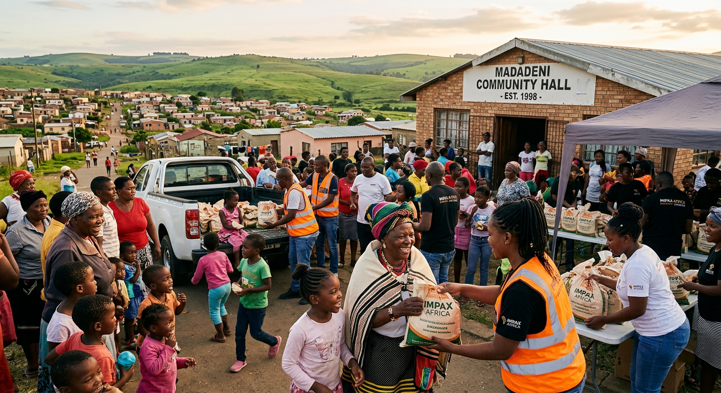 Volunteers and families gathering outside a community hall in Madadeni